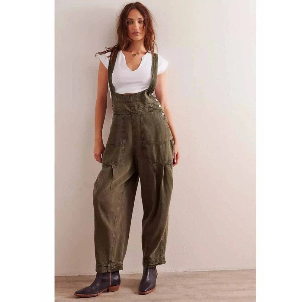Free People We The Free Felix Tapered Overalls Jumpsuit Pinafore Olive XL 288353